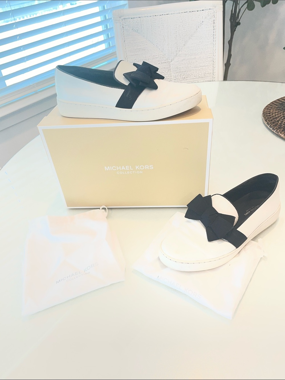 Michael Kors White and Black Bow Slip-On Loafers